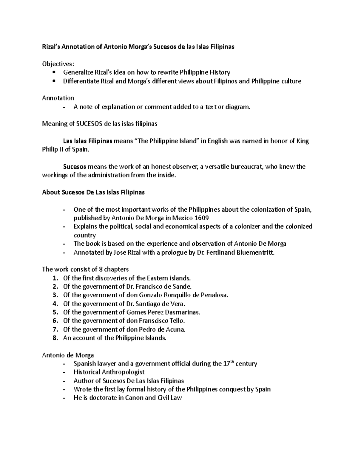 Rizal's Annotations on Morga's Sucesos de las Islas Filipinas - Studocu