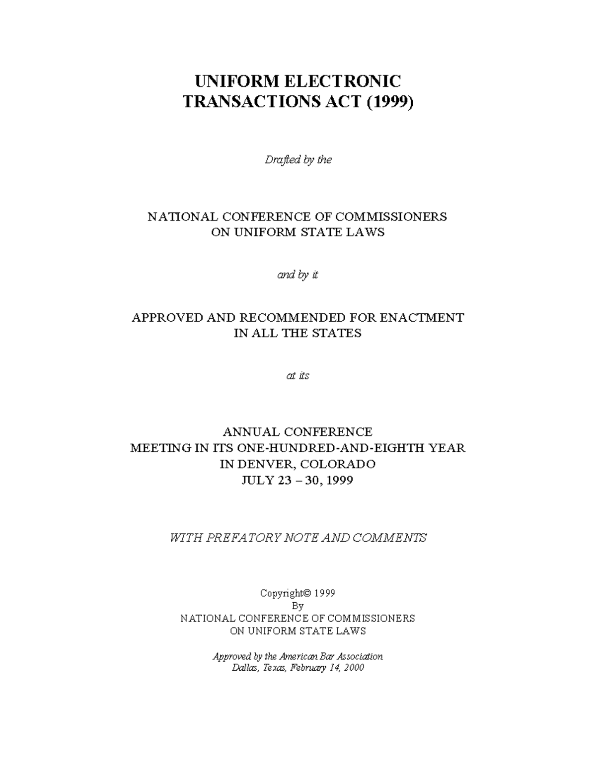 UETA 1999: Final Act of the Uniform Electronic Transactions Act - Studocu