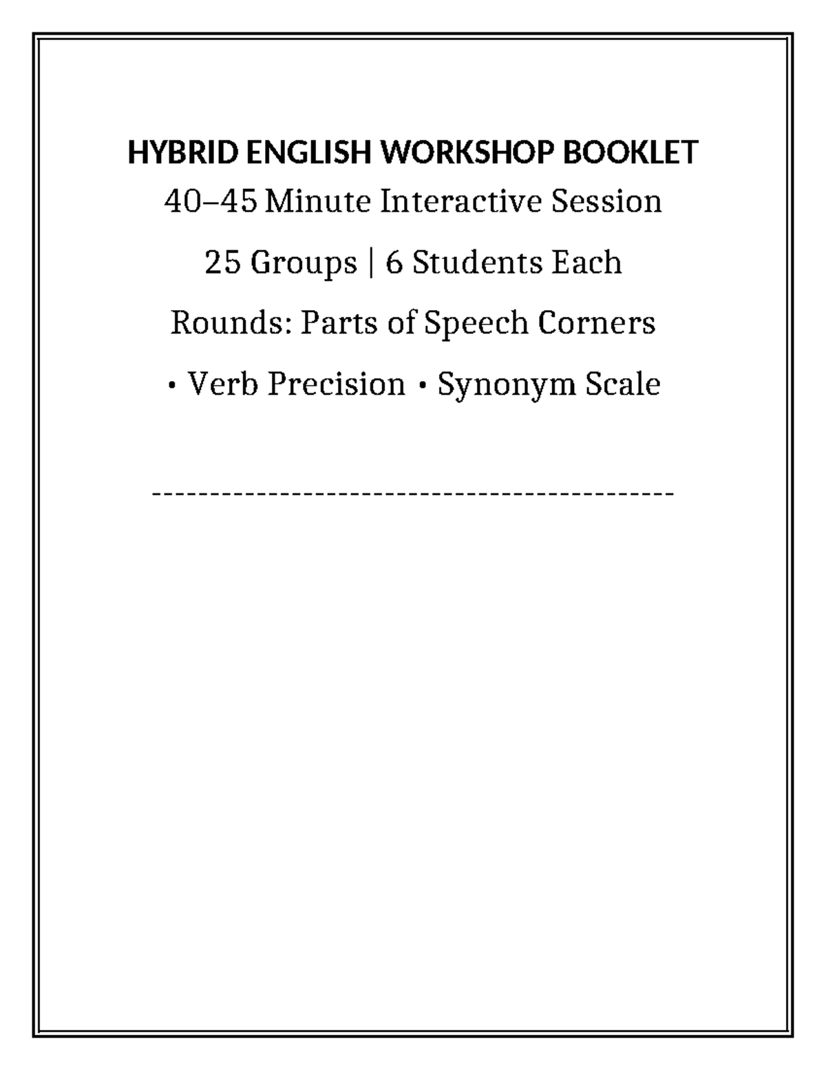 HYB ENG WORKSHOP: Parts of Speech & Vocabulary Precision Activities ...