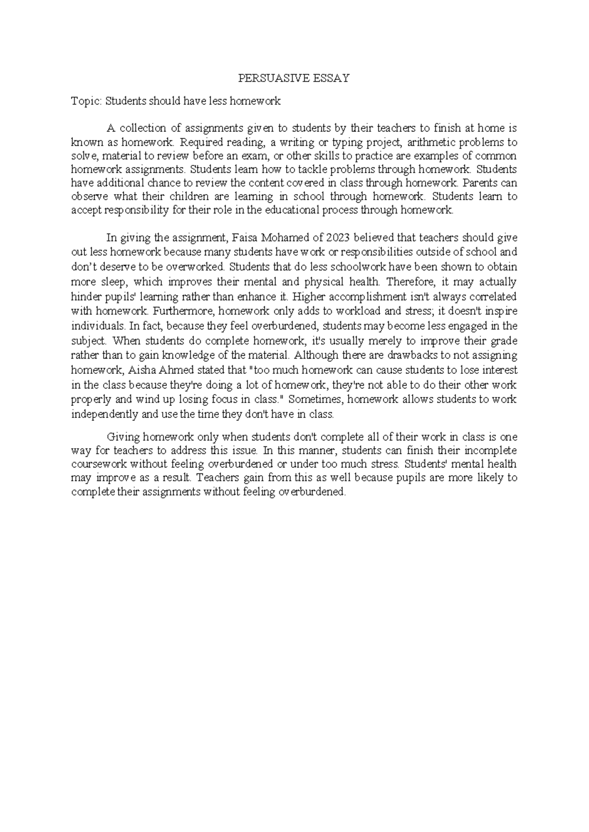 Persuasive essaydocx - PERSUASIVE ESSAY Topic: Students should have ...