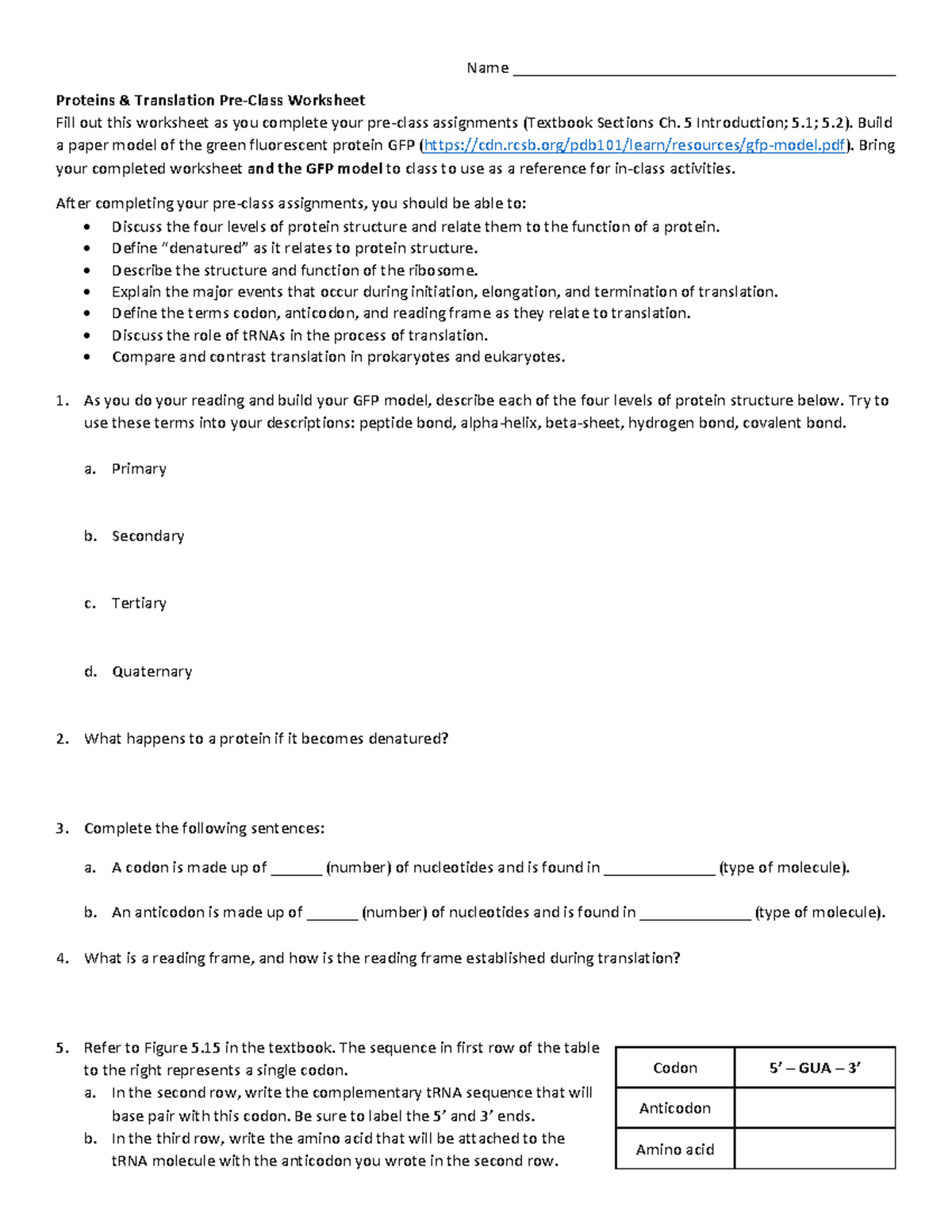 Pre-Class Reading Guide 11: Proteins & Translation Worksheet - Studocu