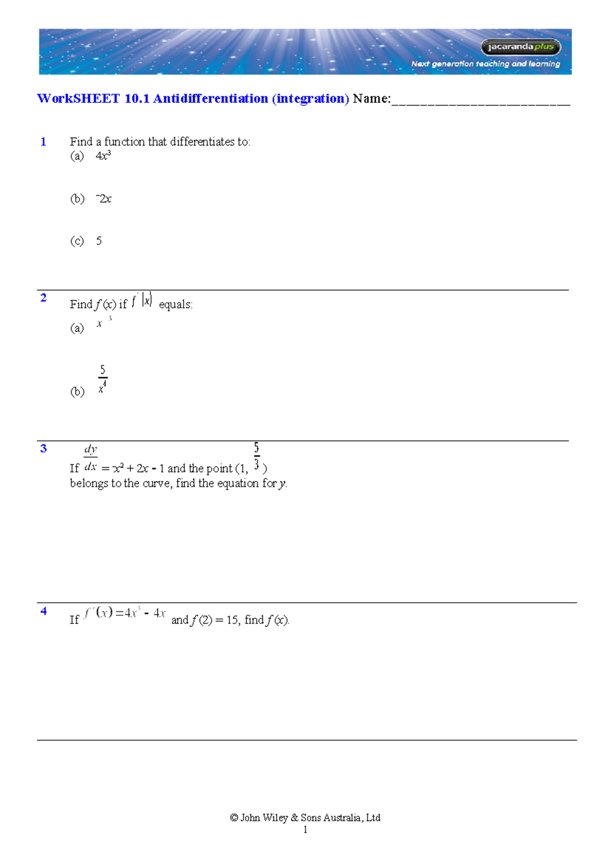 Worksheet 10.1: Antidifferentiation & Integration Exercises - Studocu