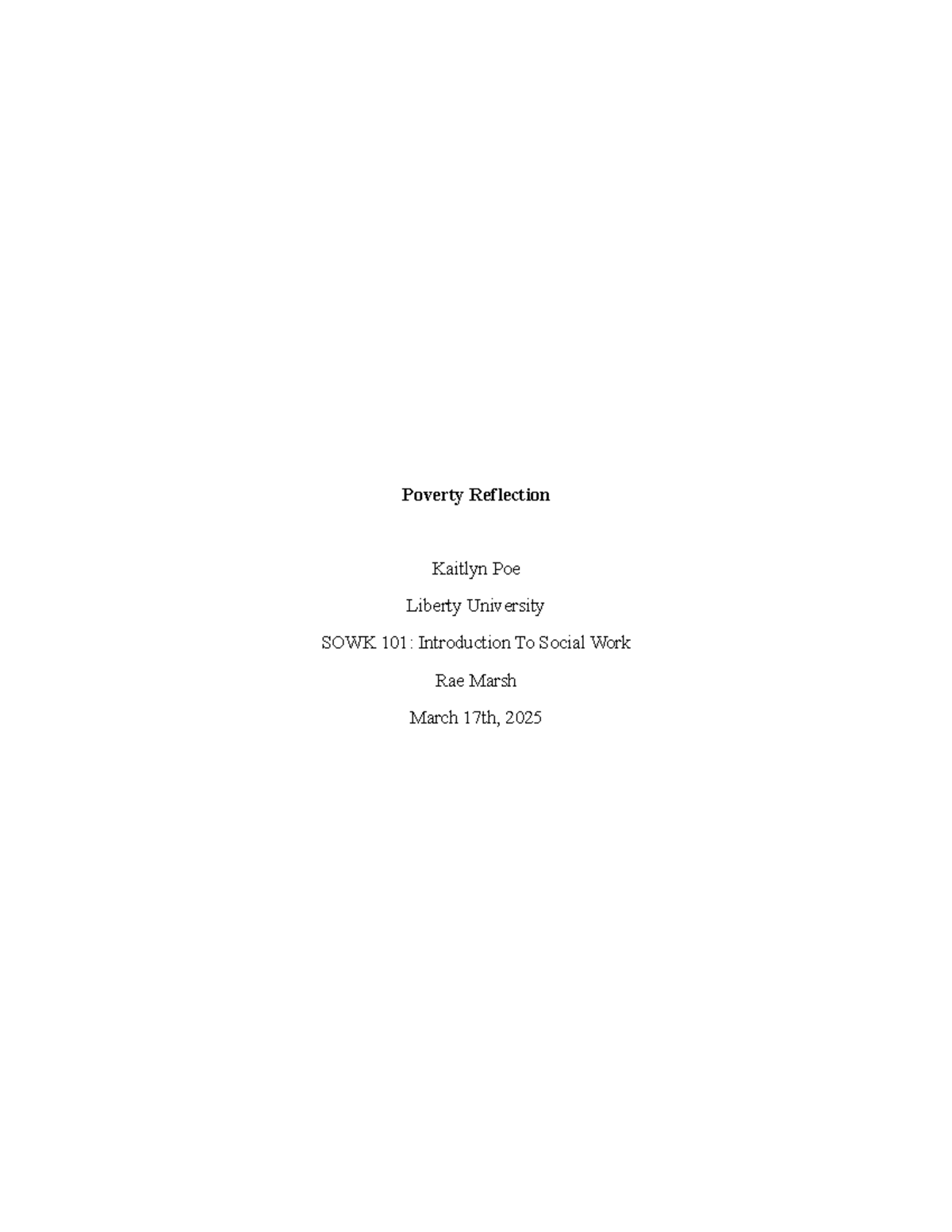 Poverty Reflction Assignment - Kaitlyn Poe - Poverty Reflection Kaitlyn ...