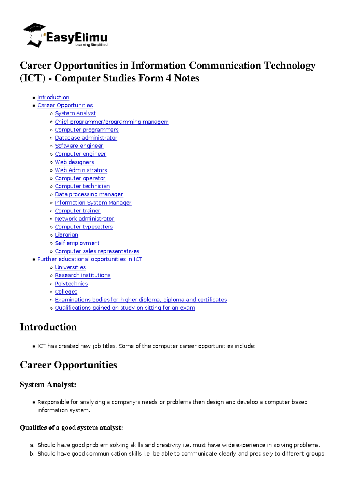 Career Opportunities in ICT - Computer Studies Form 4 Notes - Studocu