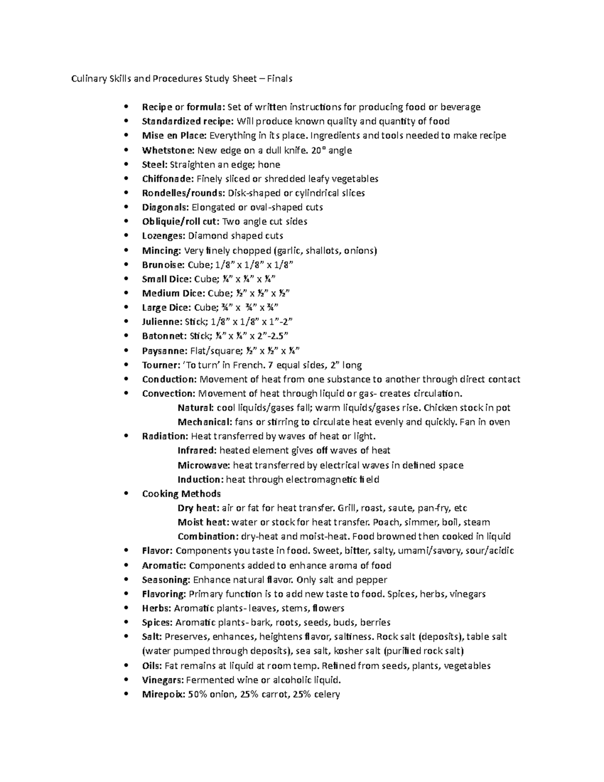 Culinary Skills & Procedures Study Sheet – Final Exam (Culinary 101 ...