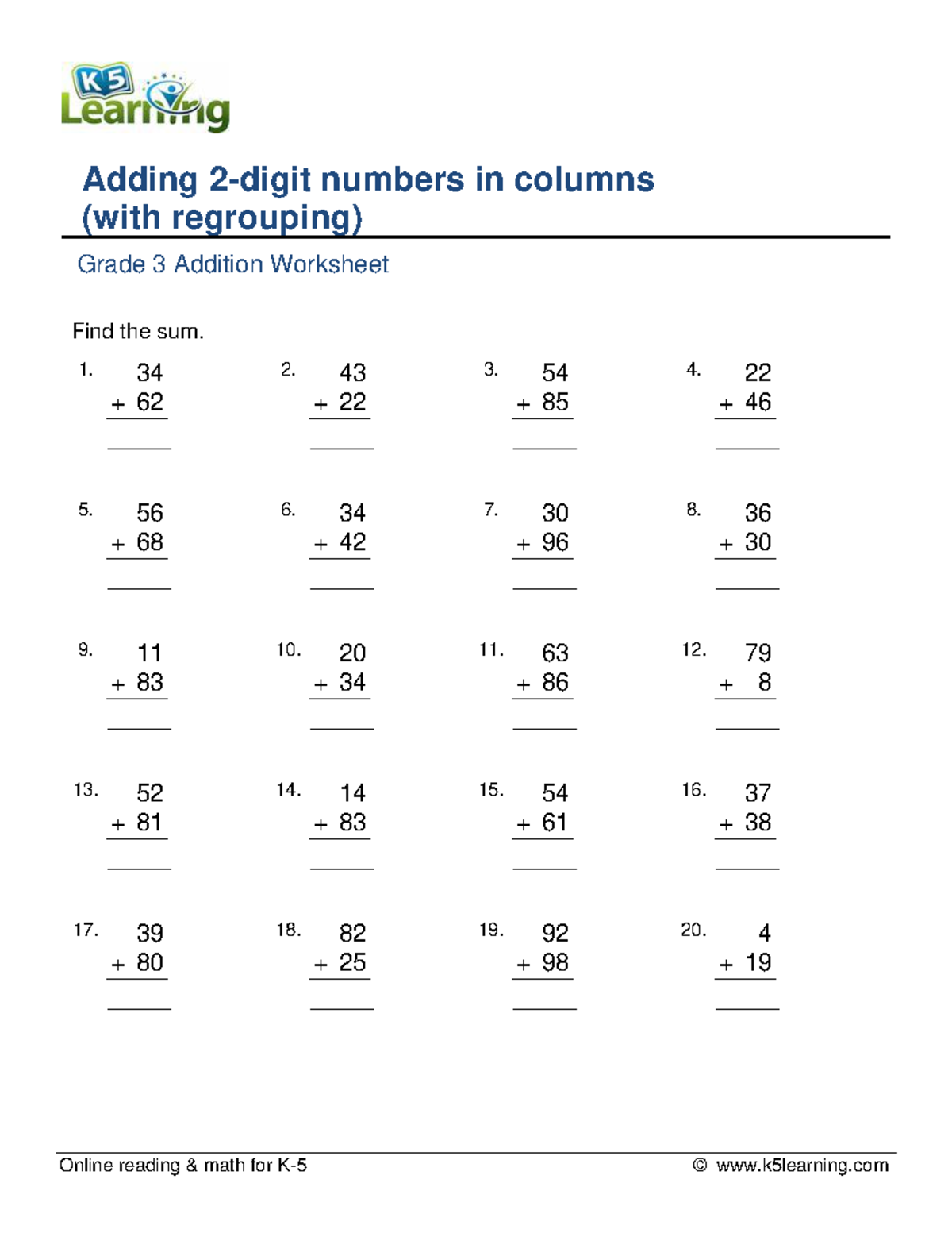 Grade 3 Addition Worksheet: Adding 2-Digit Numbers with Regrouping ...