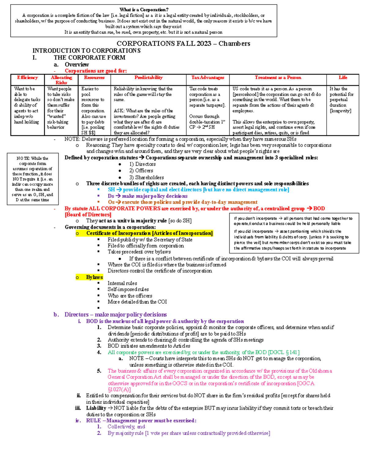 Corporation Outline charts - CORPORATIONS FALL 2023 – Chambers ...