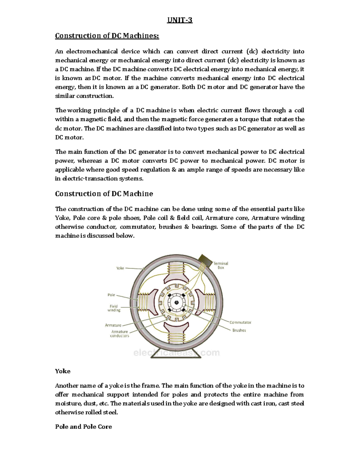 UNIT-3 Notes: Construction and Working of DC Machines and Motors - Studocu