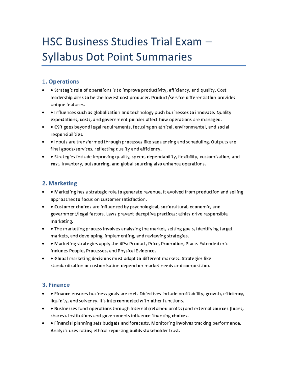 HSC Business Studies Trial Exam Syllabus Dot Point Summaries - Studocu