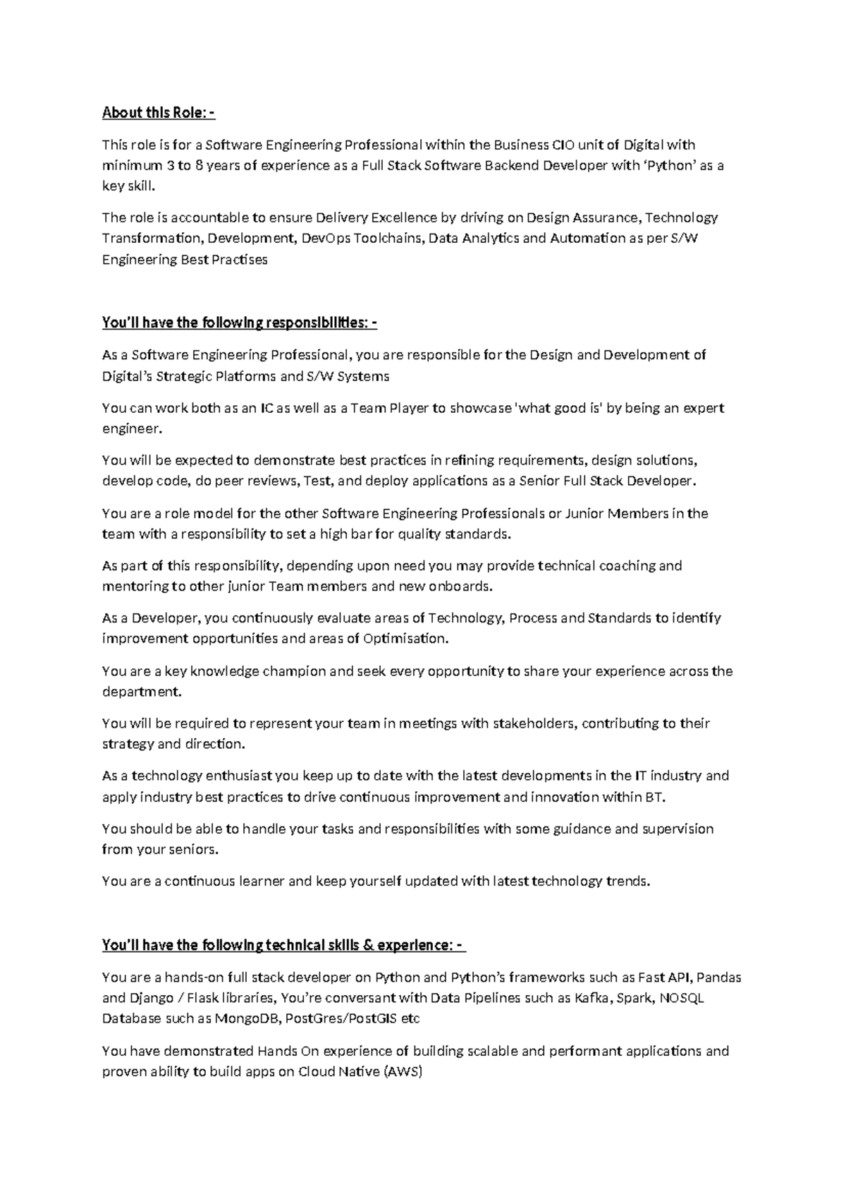 JD for Software Engineering Professional E: Full Stack Developer Role ...