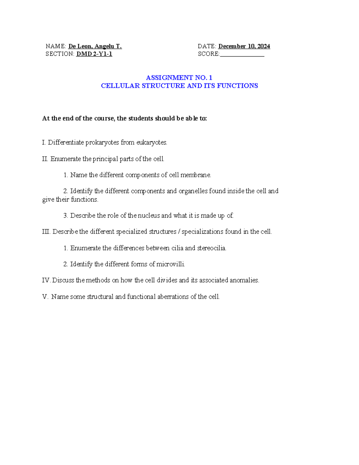 CELL - Lecture Notes on Cellular Structure and Functions (Assignment 1 ...