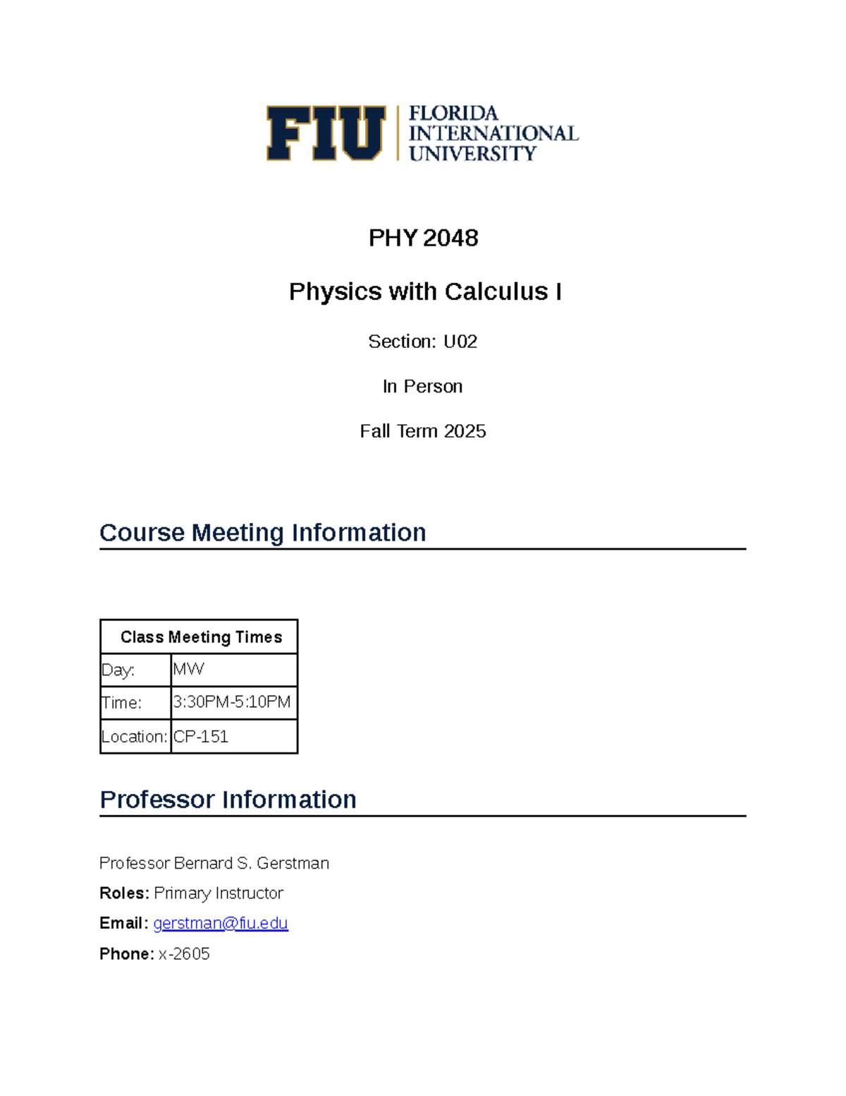 PHY 2048 - Physics with Calculus I Syllabus & Course Overview - Studocu