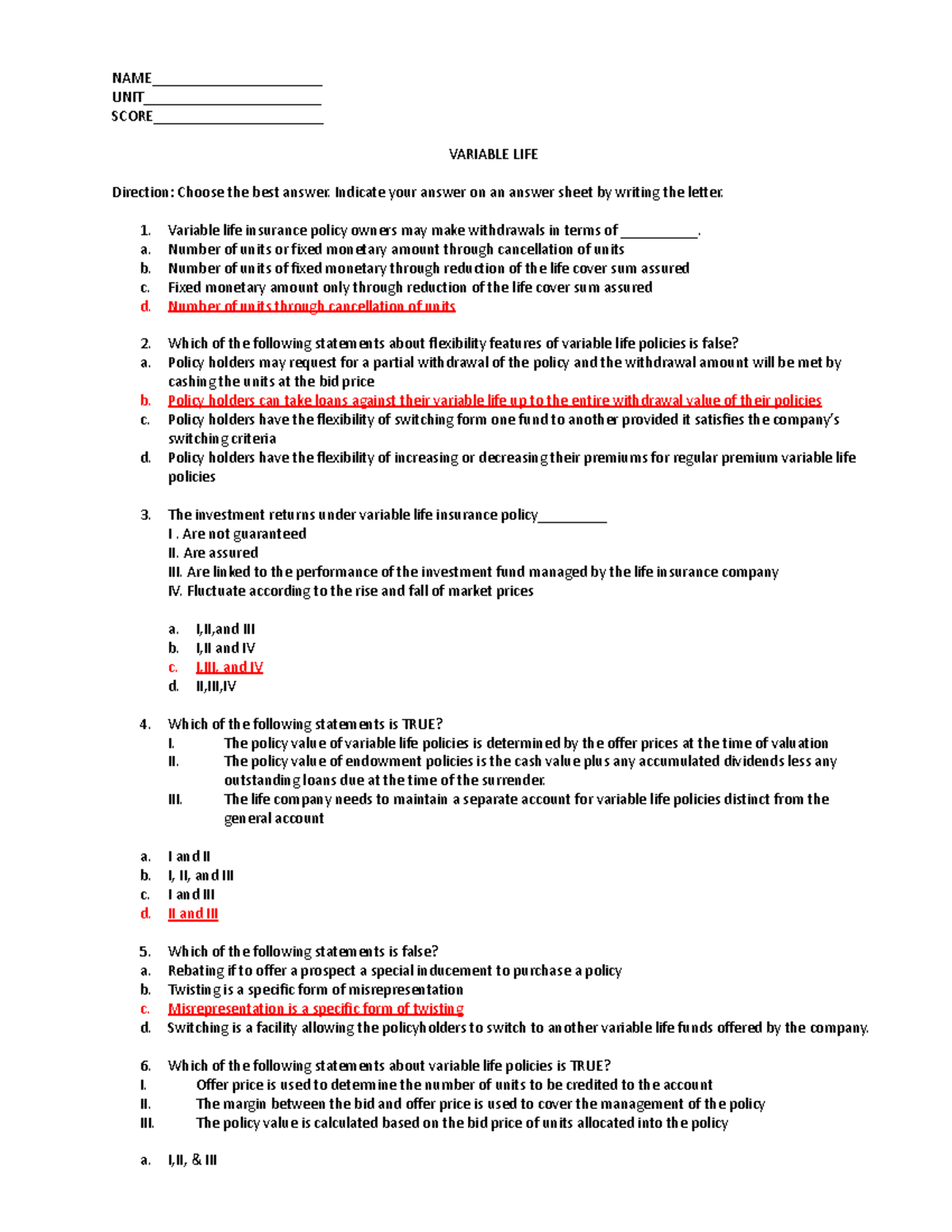 VUL 101: Variable Life Insurance Exam Reviewer with Answers - Studocu