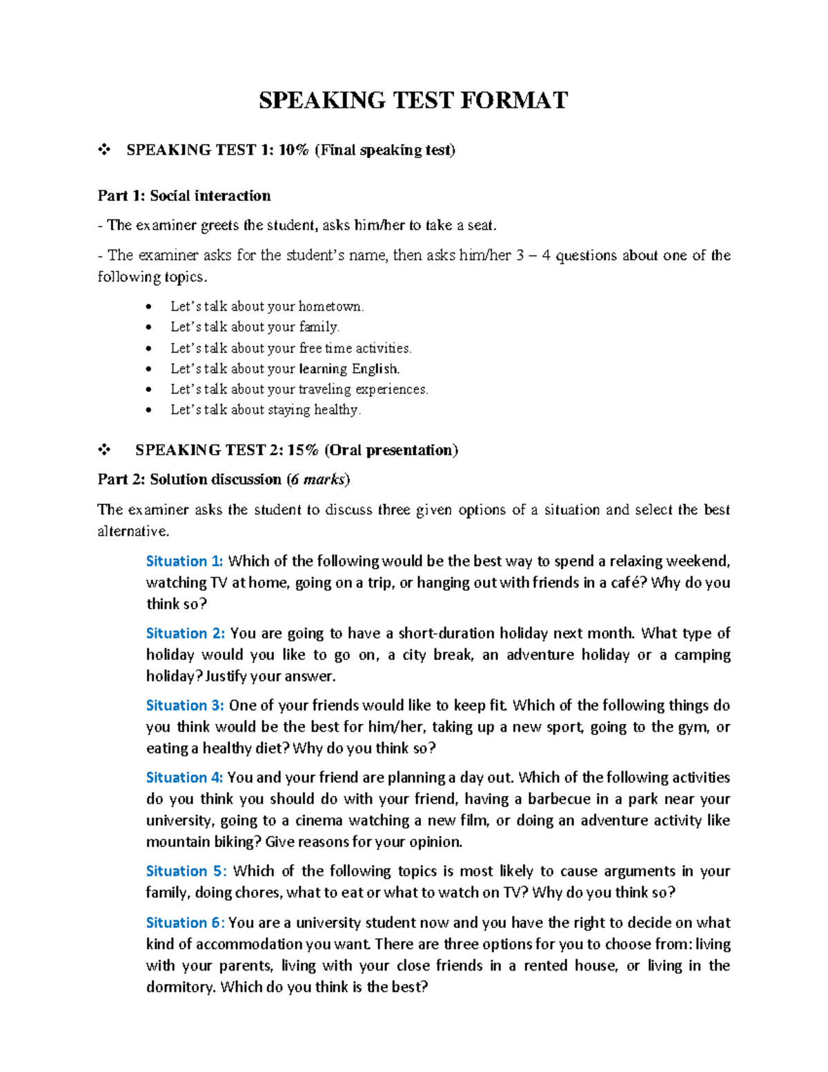 English B1.1 - Speaking Test Format and Assessment Guide - Studocu