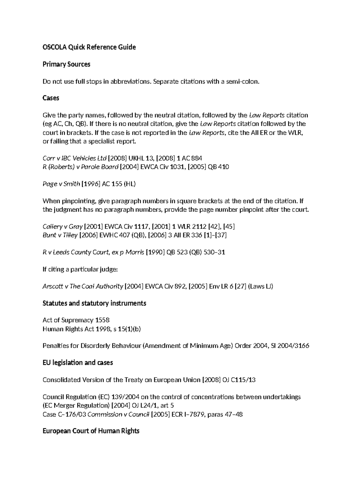 OSCOLA Quick Reference Guide: Citation Basics and Formatting Tips - Studocu