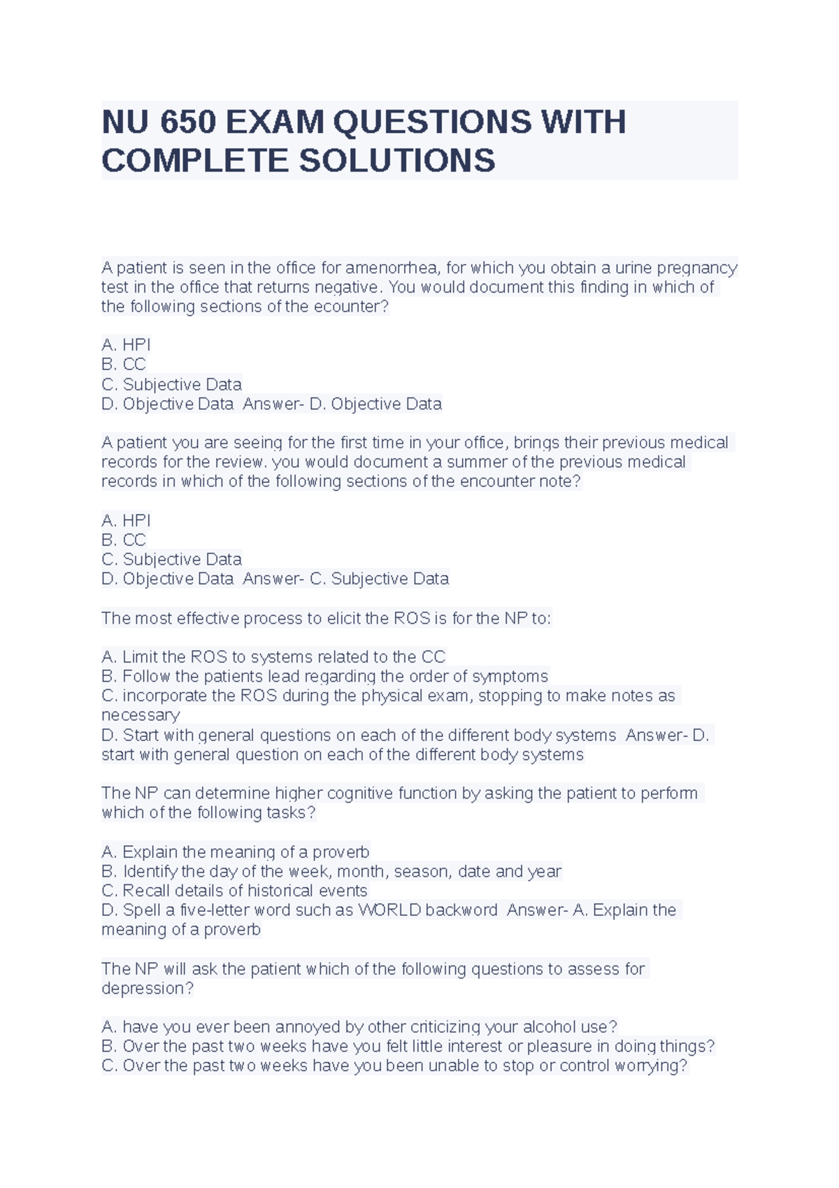 NU 650 Final Exam Questions with Detailed Answers and Explanations ...