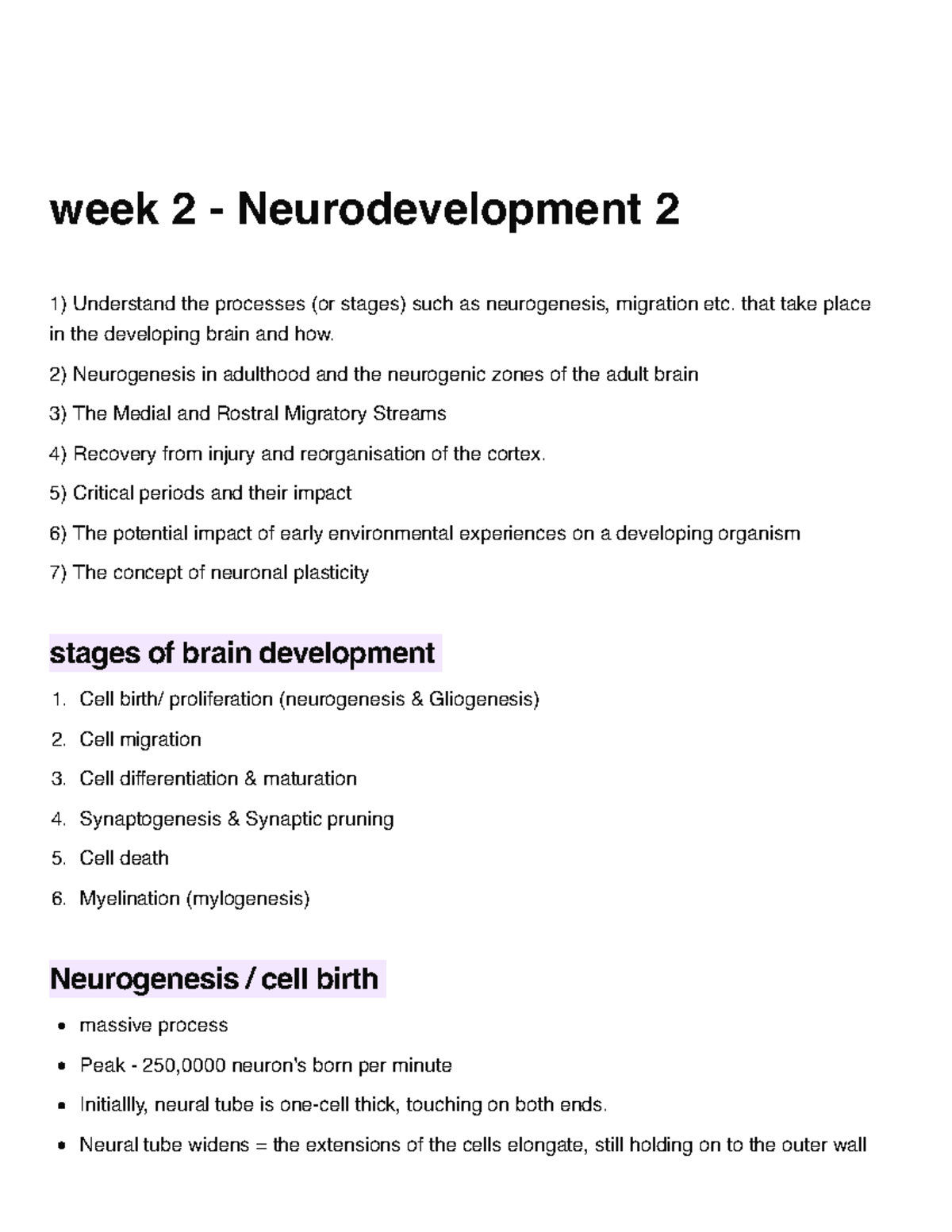 Week 2 - Neurodevelopment: Key Processes and Concepts - Studocu