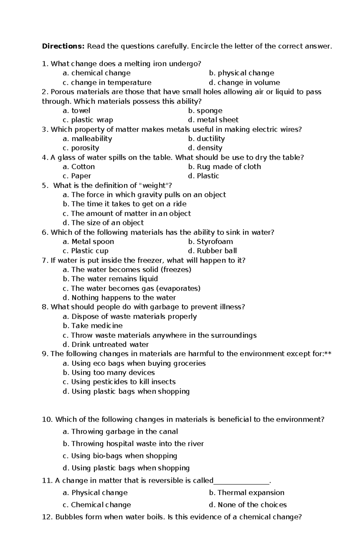 Grade 4 S.Y. 2024-2025 Science Pre-Test Questions and Answers - Studocu