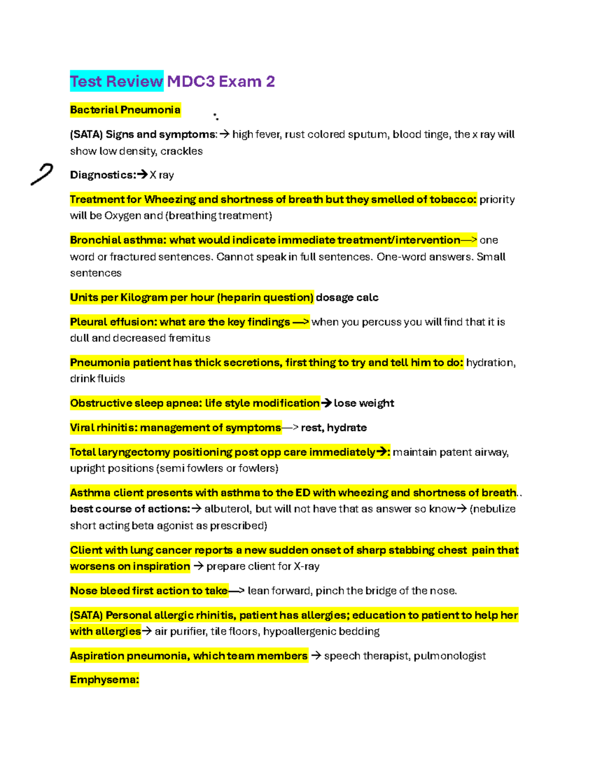 MDC3 Exam 2 Review: Key Concepts in Respiratory Conditions and ...
