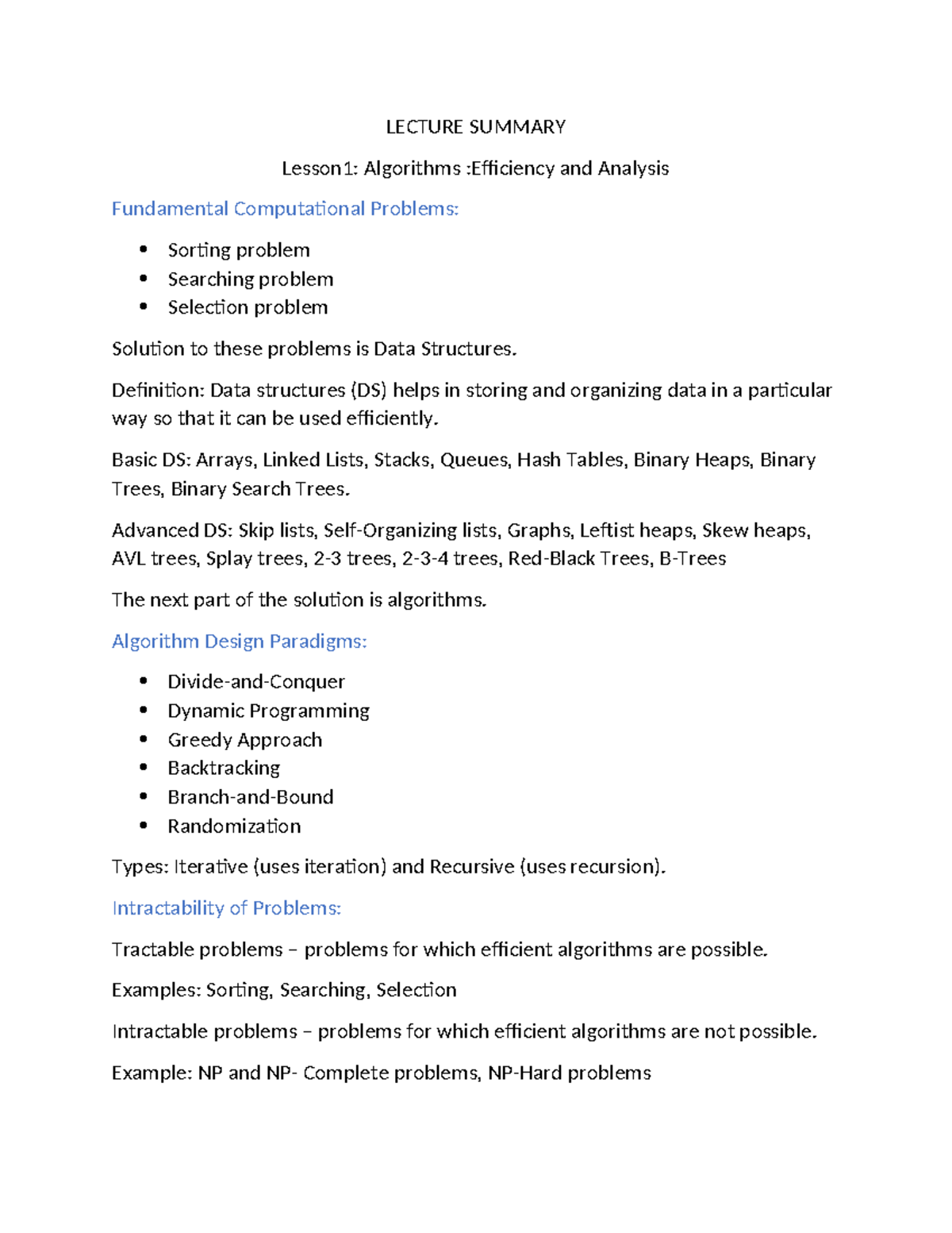 LECTURE SUMMARY CS101: Algorithms, Efficiency & Data Structures - Studocu
