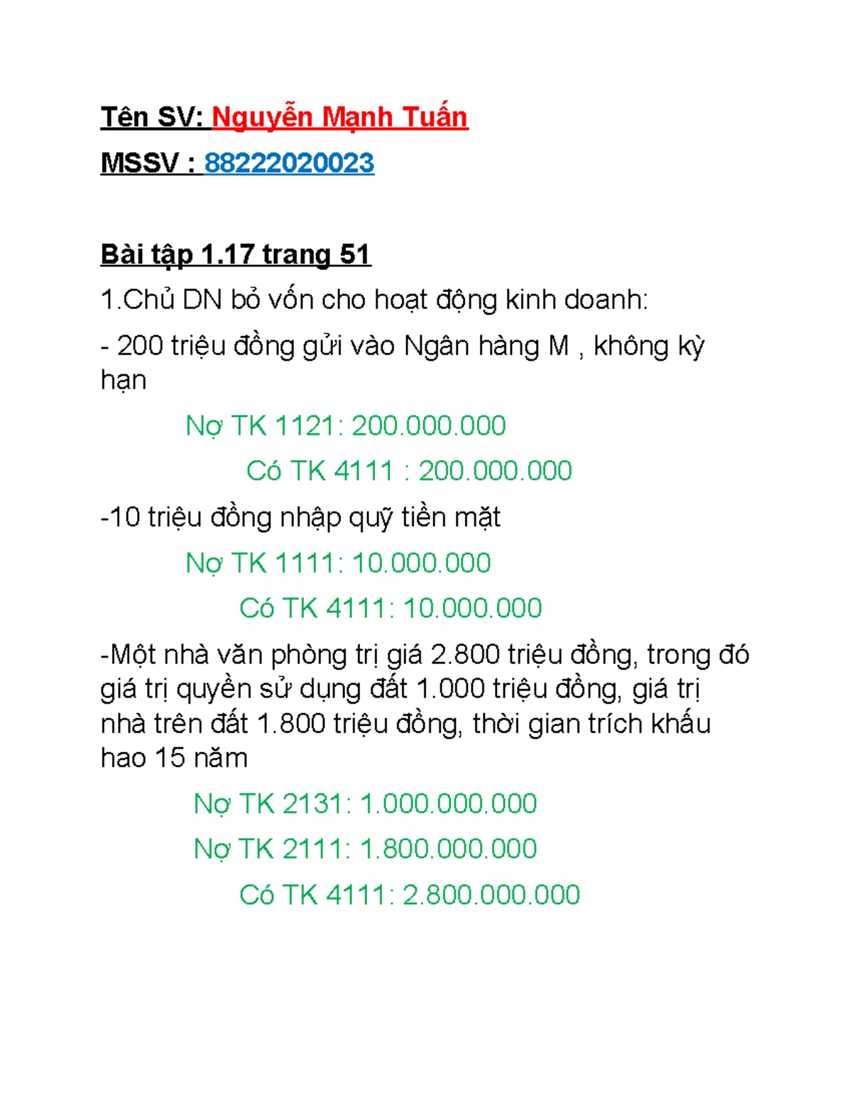 Bài tập 1.17 - Kế toán Doanh Nghiệp - CÔ TTPT - Studocu