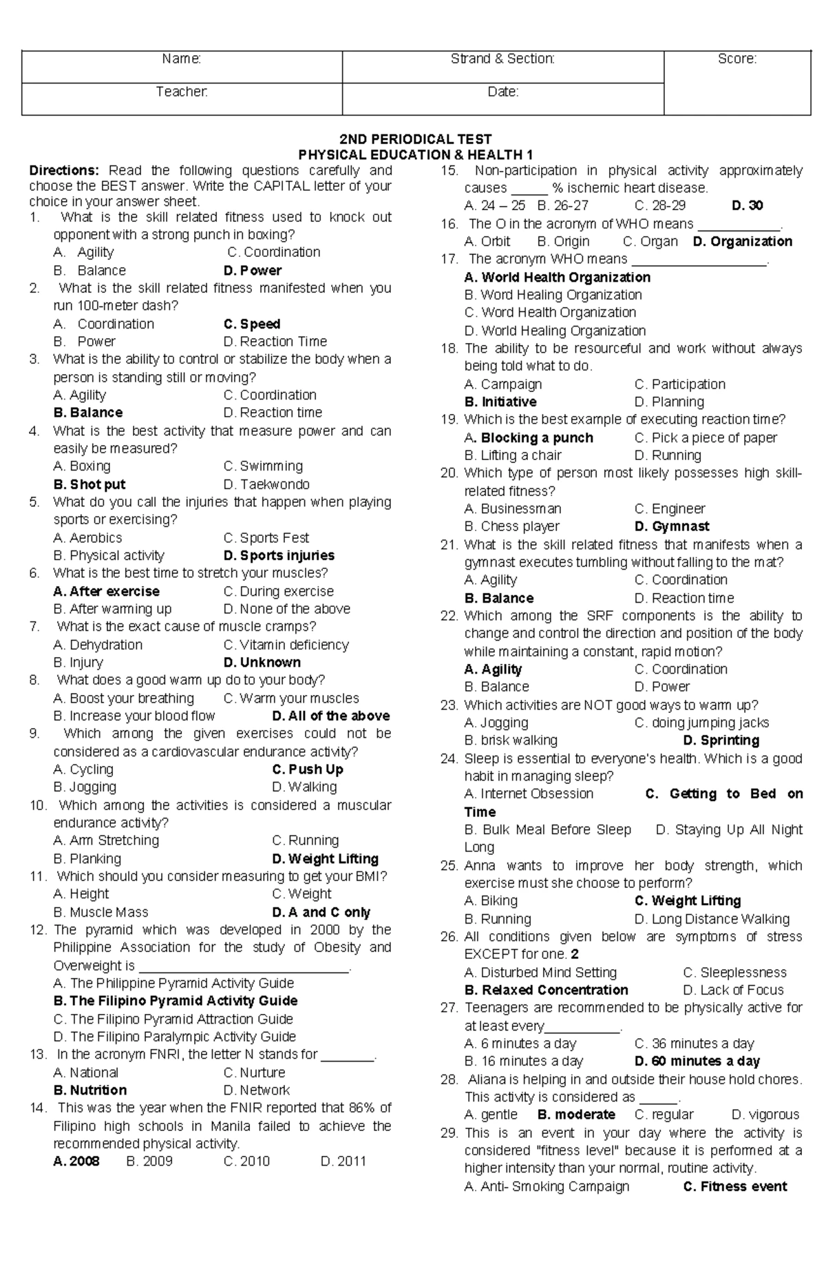 P.E. 12 - MAPEH Final Exam Review: Fitness & Anatomy Concepts - Studocu