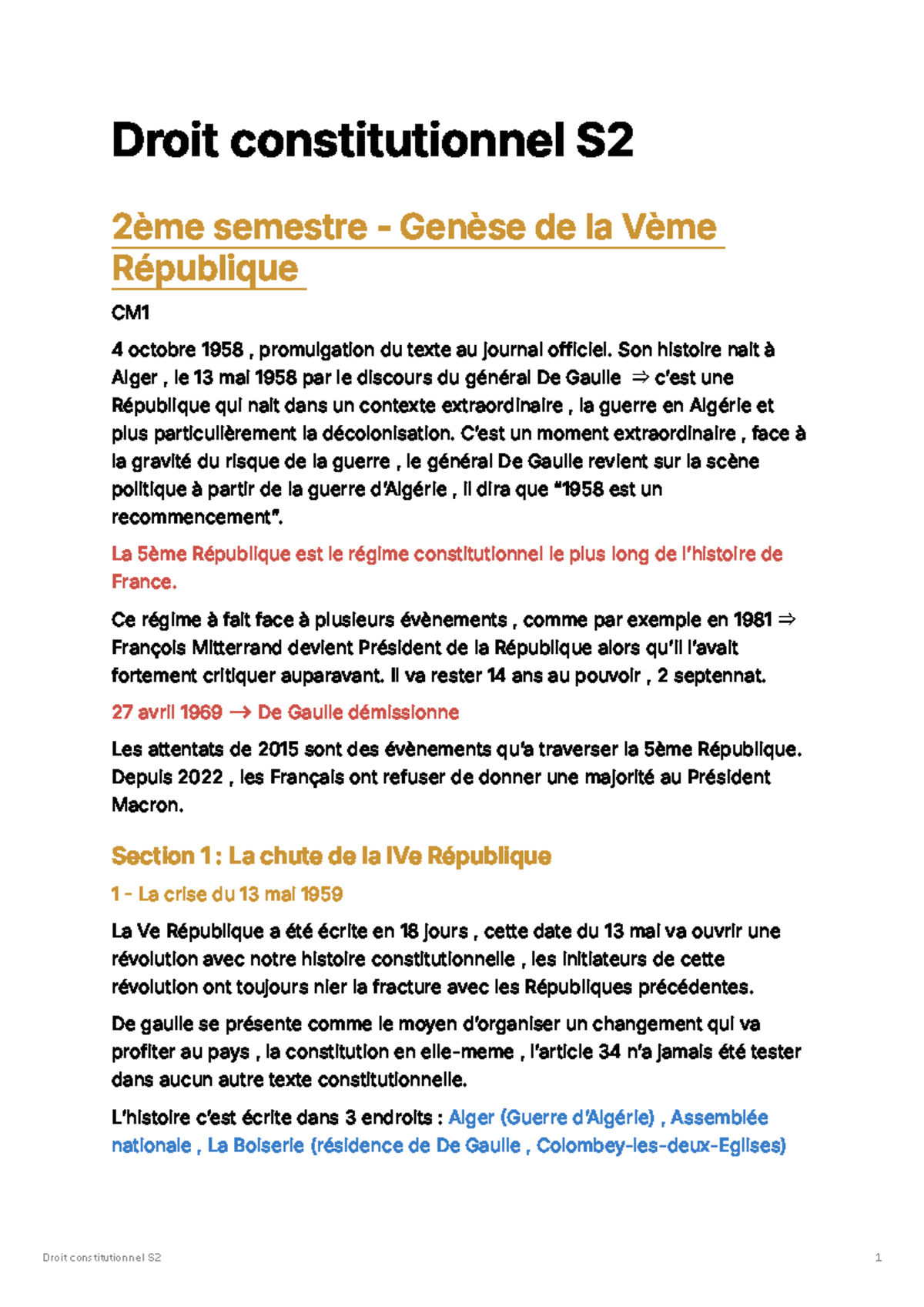 Droit constitutionnel S2 - Genèse et Évolution de la Vème République ...