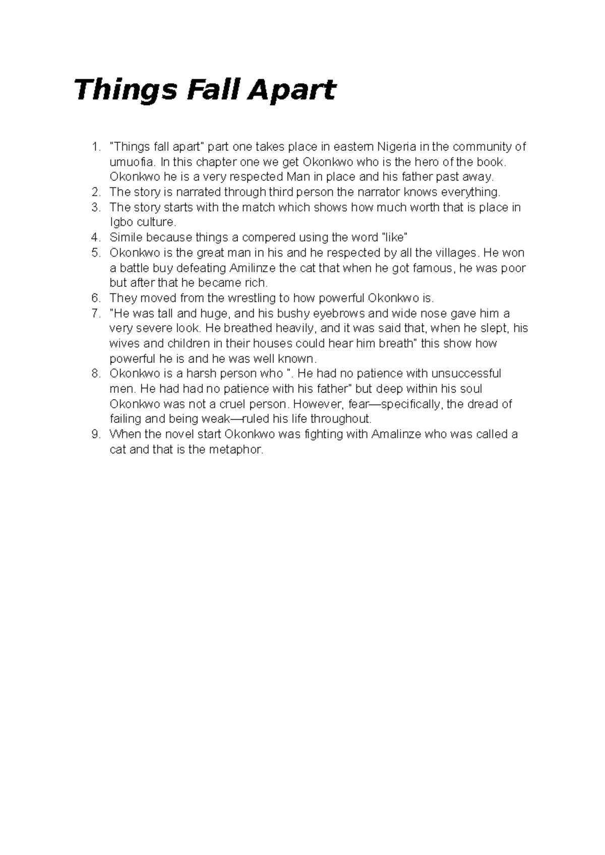 Things Fall Apart (ENG101) - Chapter 1 Summary & Analysis - Studocu