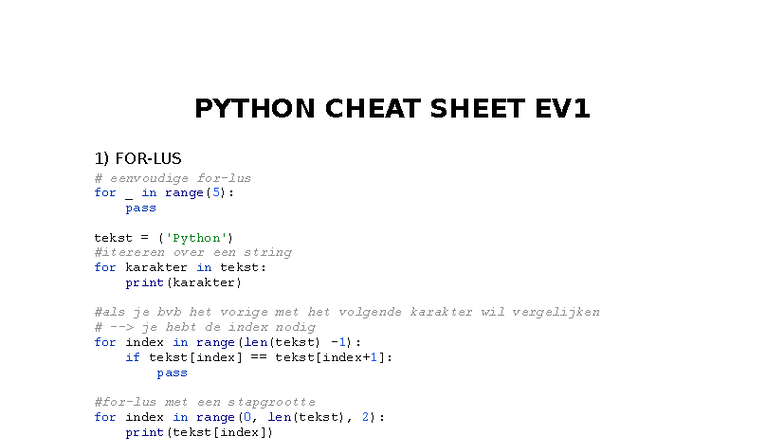 Python Cheat Sheet EV1 - Eerste Evaluatie Notities - Studocu