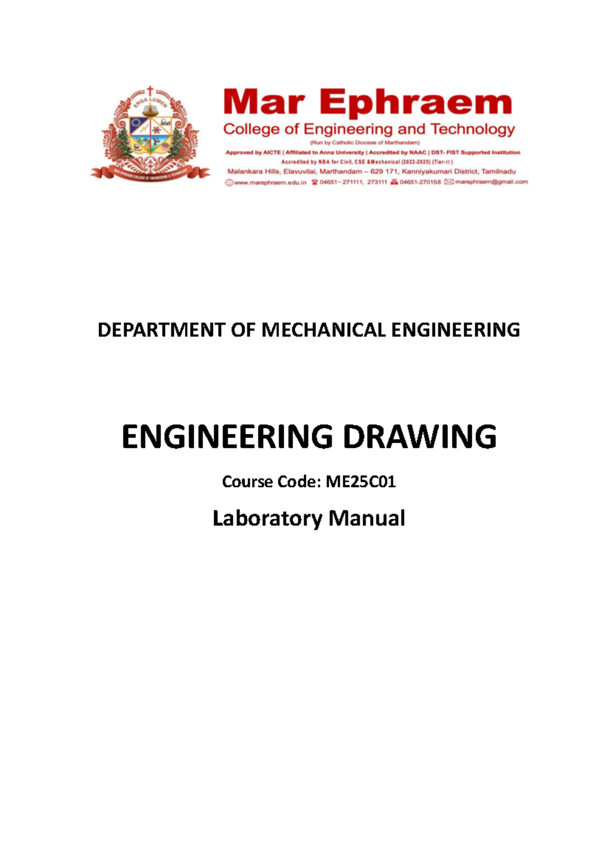 ME25C01 Engineering Drawing Lab Manual: Course Overview & Objectives ...