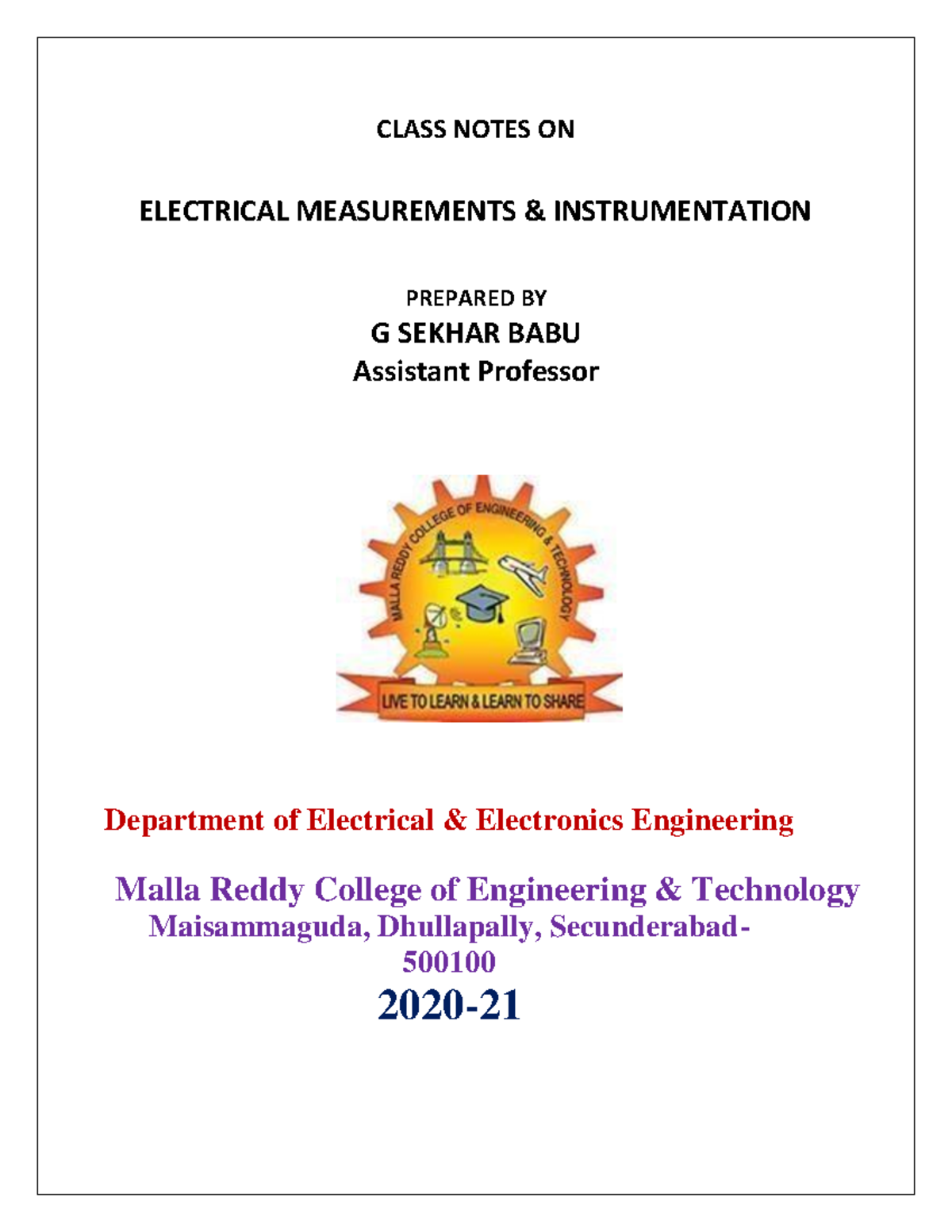 Electrical Measurements & Instrumentation Class Notes (EE 2020-21 ...