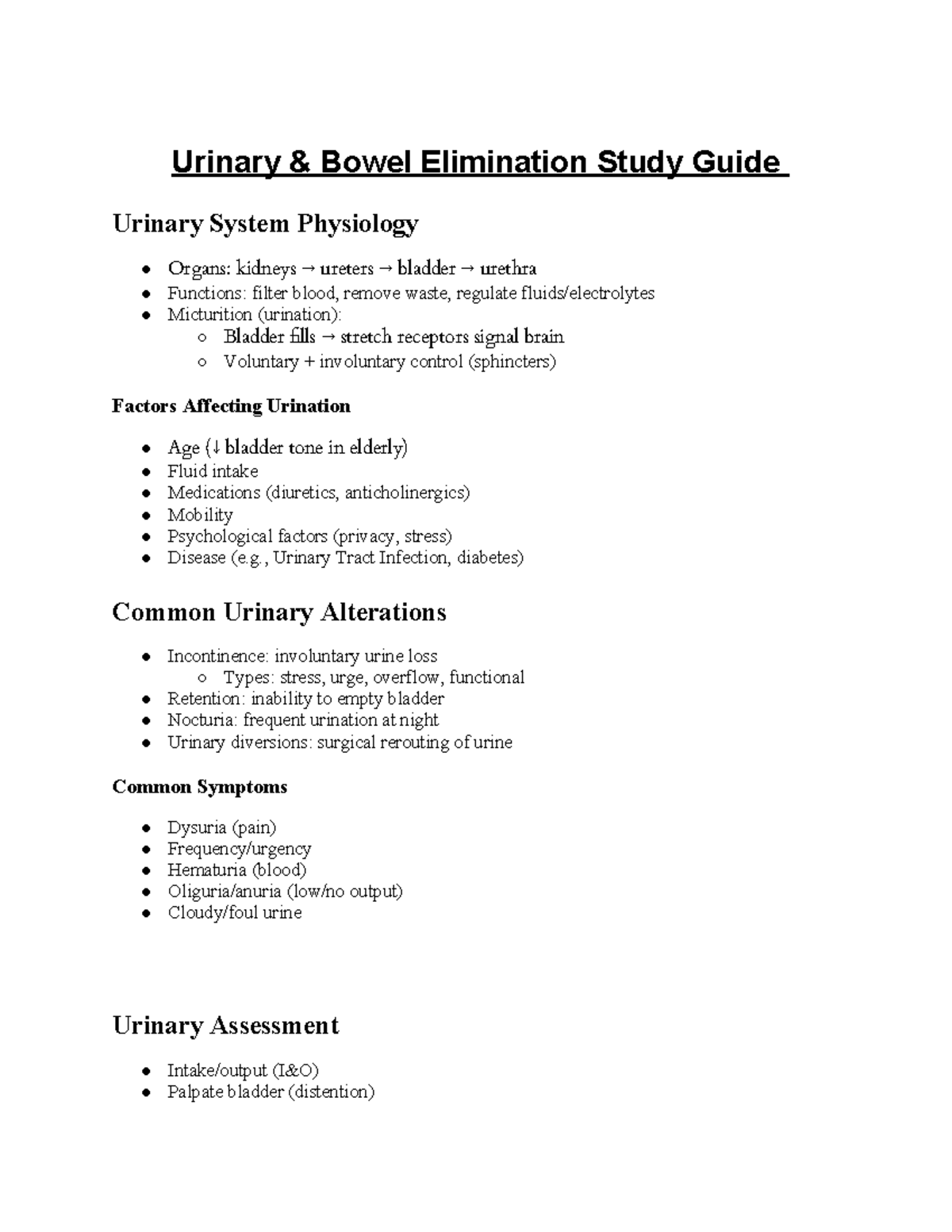 Urinary & Bowel Elimination Study Guide (NURS 101) - Studocu