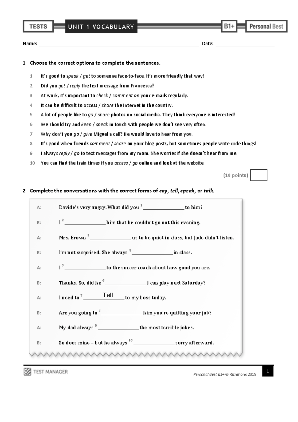 Personal Best B1+ Unit 1 Vocabulary Test Summary - Studocu