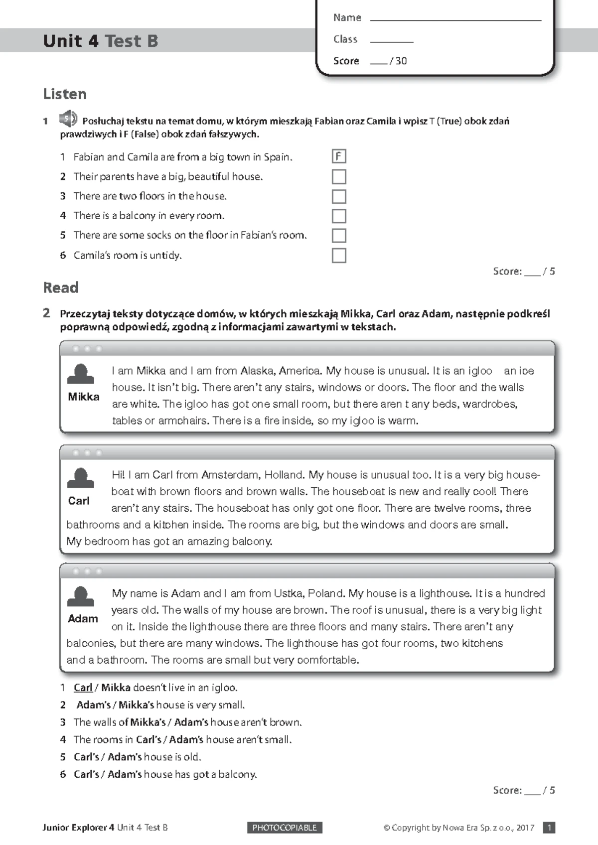 Unit 4 test A grupa 1 audioscript - Junior Explorer 4 Unit 4 Test A ...