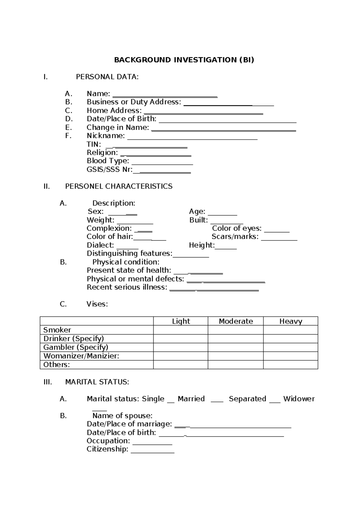 BI FORM 2024 - SURVEY - BACKGROUND INVESTIGATION (BI) I. PERSONAL DATA ...
