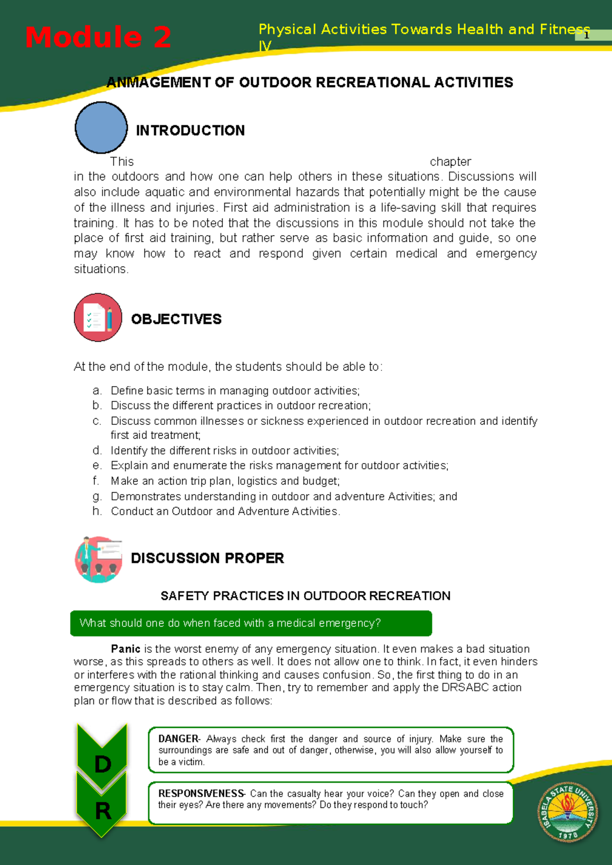 PE 4 Module 2: Managing Outdoor Recreational Activities and First Aid ...