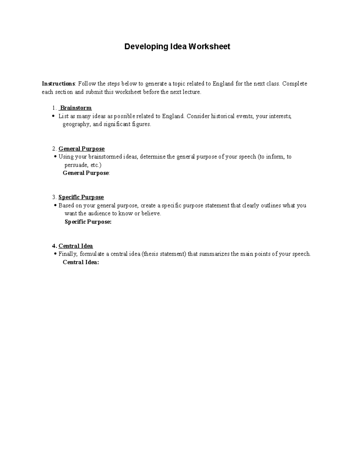Developing Ideas for England: Worksheet for Class Assignment - Studocu