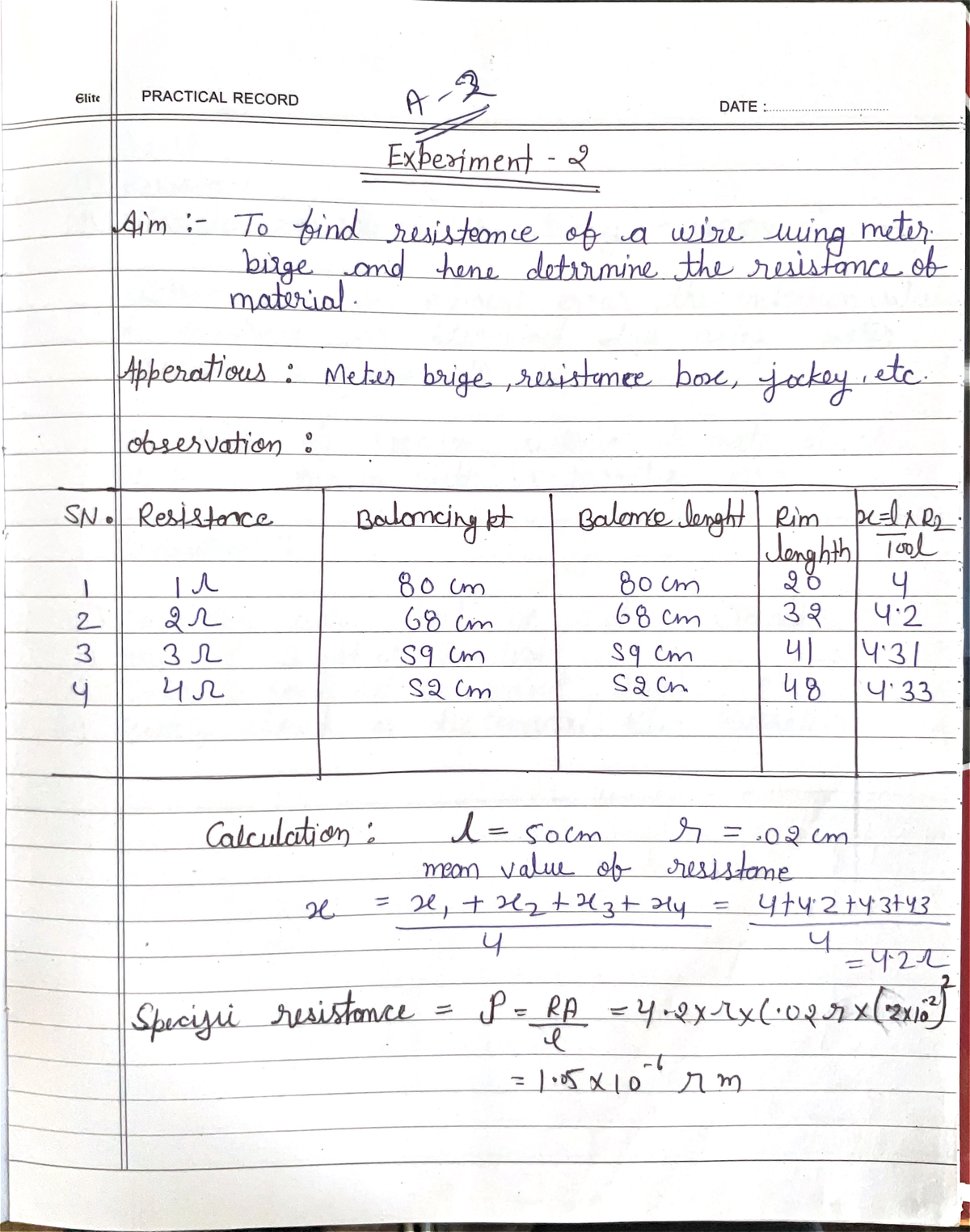 Physics experiments - Elite PRACTICAL RECORD DATE : Experiment 2 Aim To ...