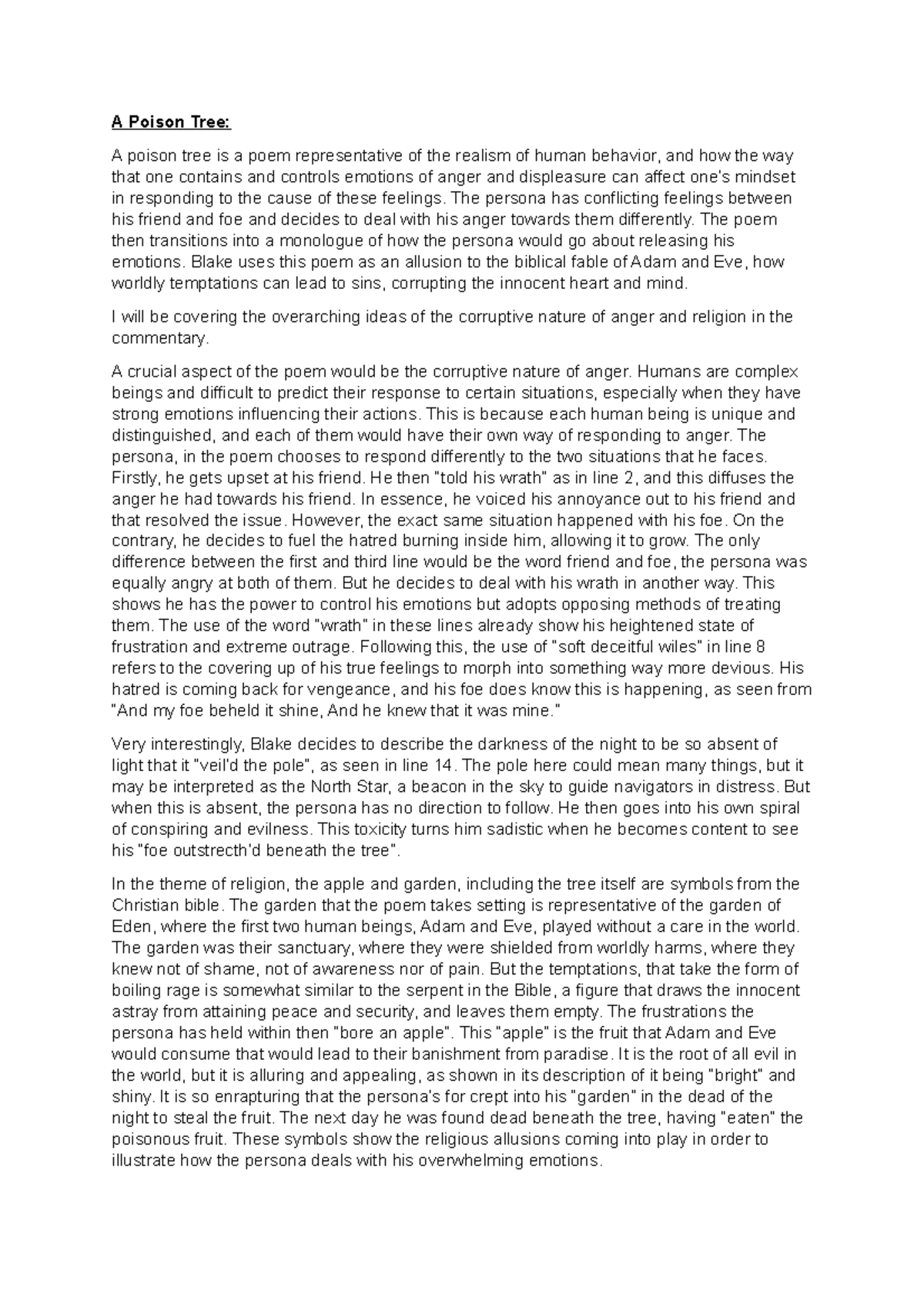 IOC Prac: A Poison Tree - Analyzing Anger's Corruptive Nature - Studocu