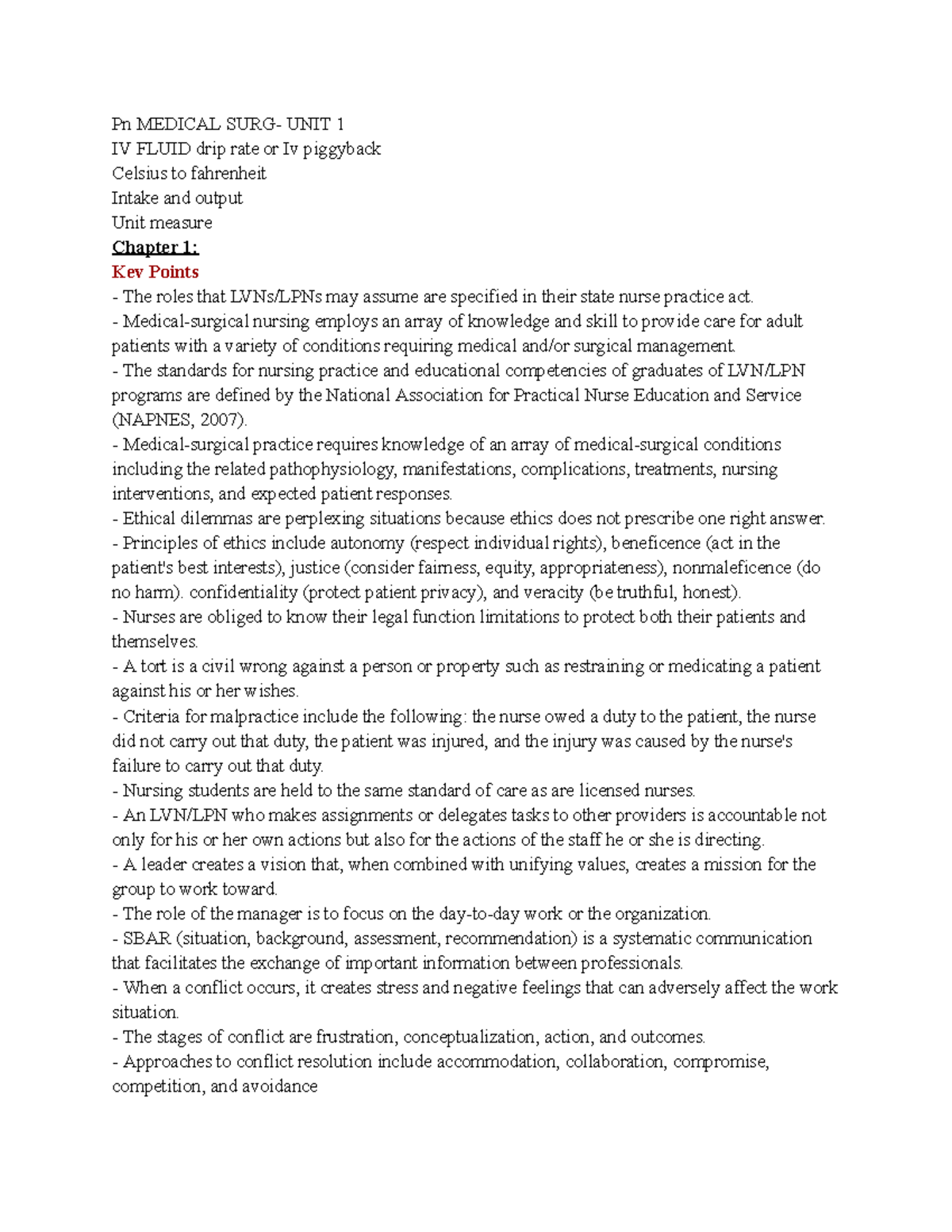 PN Medical SURG - Chapter 1-2 Key Points and Concepts Guide - Studocu