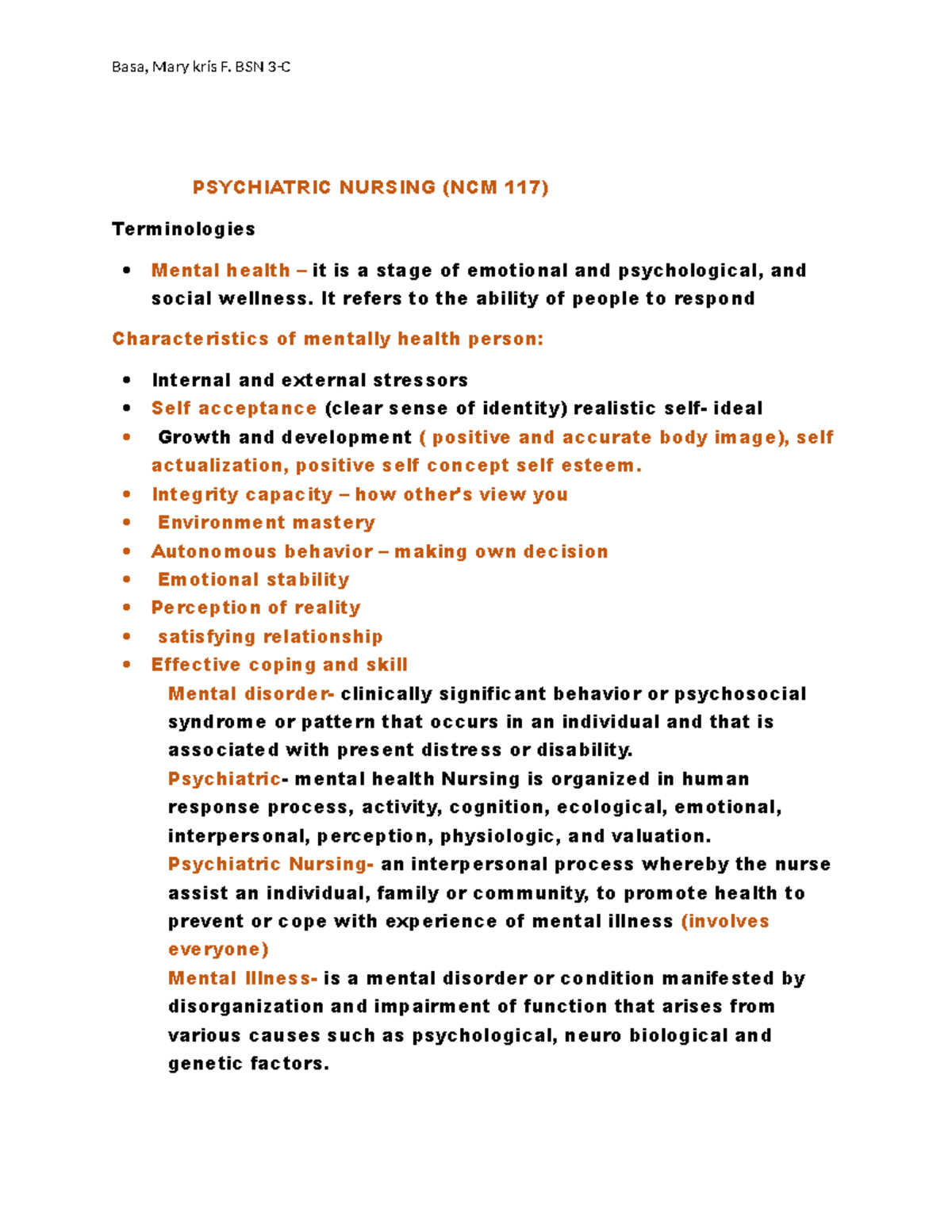 NCM 117 Psychiatric Nursing Terminologies and Concepts Review - Studocu