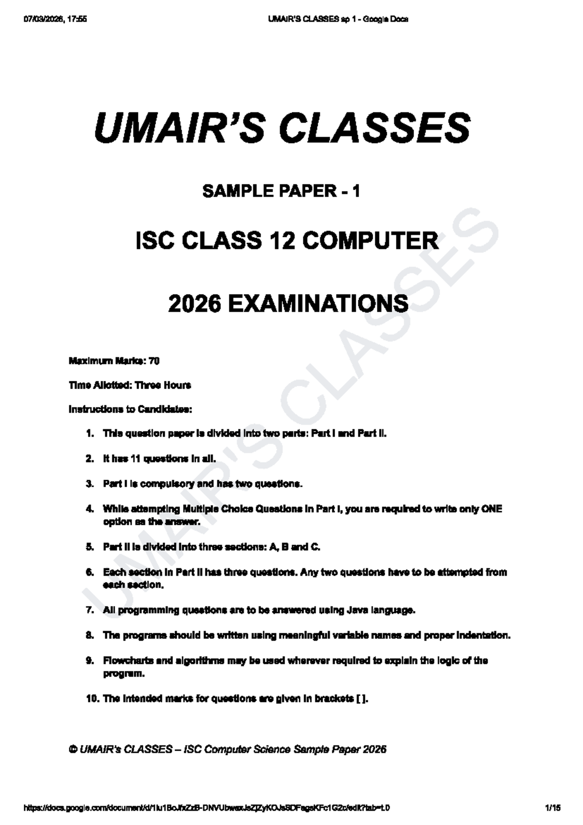 ISC Class 12 Computer Science Sample Paper 2026 - Exam Format ...