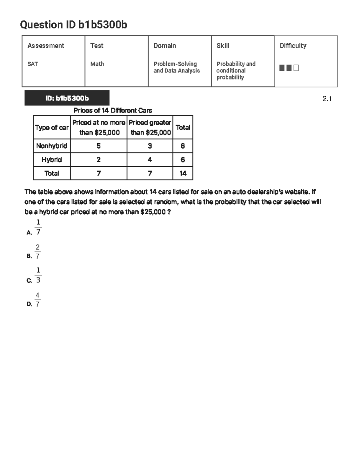 Probability and conditional probability assessment test SAT Math 2 ...