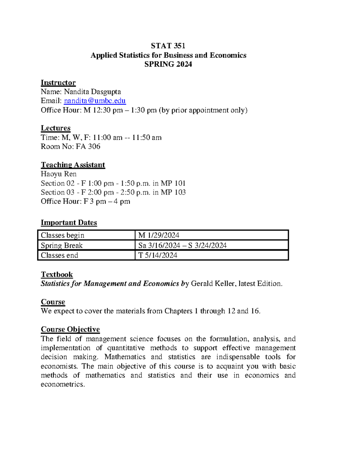 STAT 351-SP 2024 Syllabus and Important Course Information - Studocu