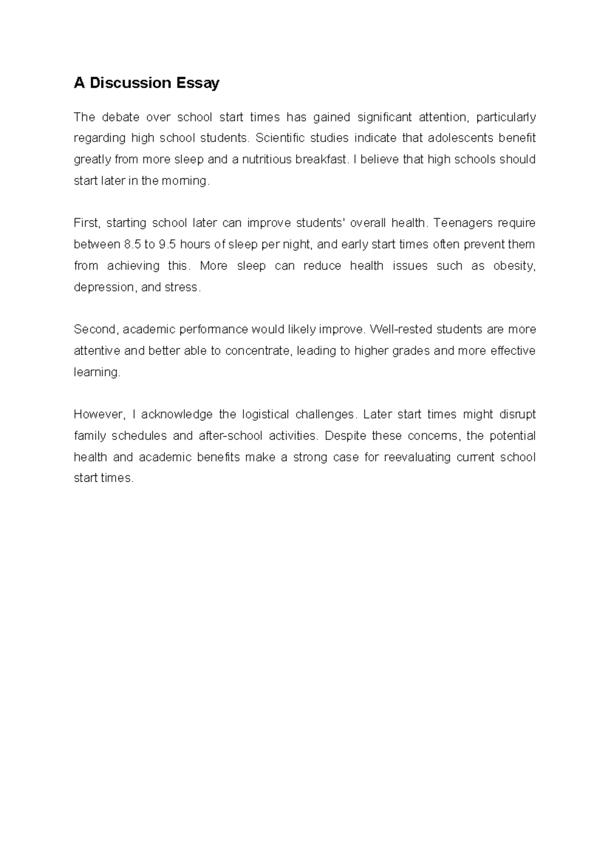 Discussion Essay: The Case for Later High School Start Times - Studocu