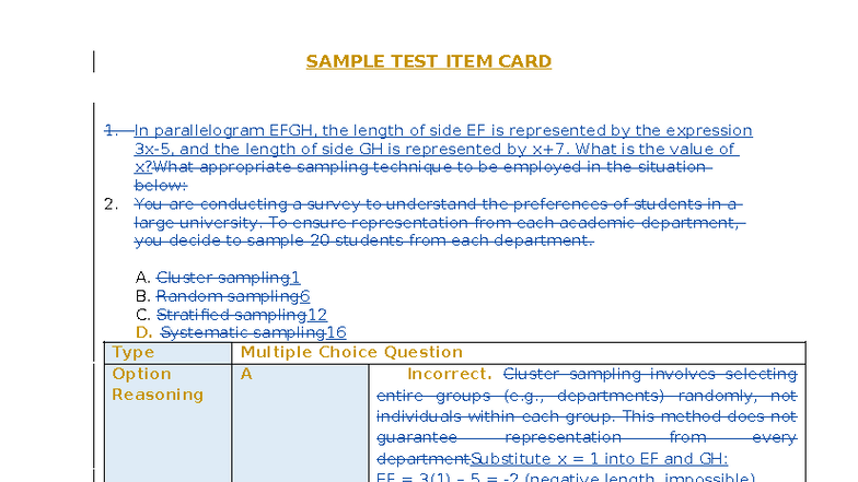 TQ AND ITEM CARD - Geometry & Sampling Techniques Quiz - Studocu