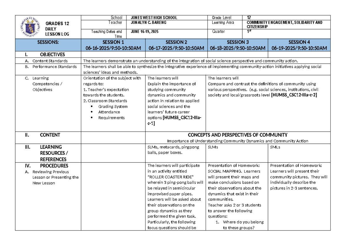 CESC 12 - Daily Lesson Log for Community Engagement & Citizenship - Studocu