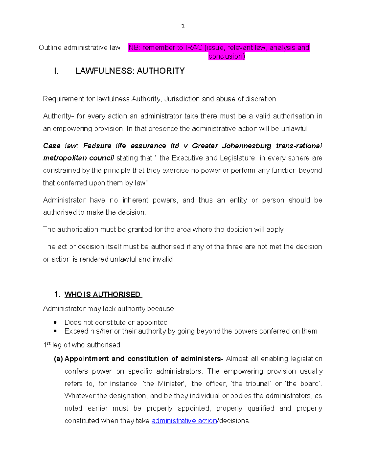 Administrative Law I Exam Outline: Authority & Lawfulness - Studocu