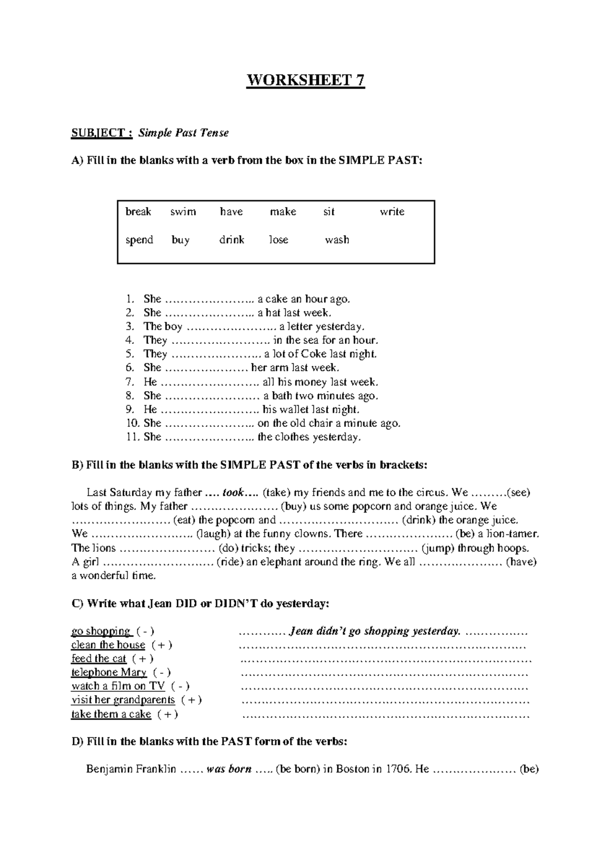 Simple Past Tense Worksheet for ESL Class (ENG 101) - Studocu