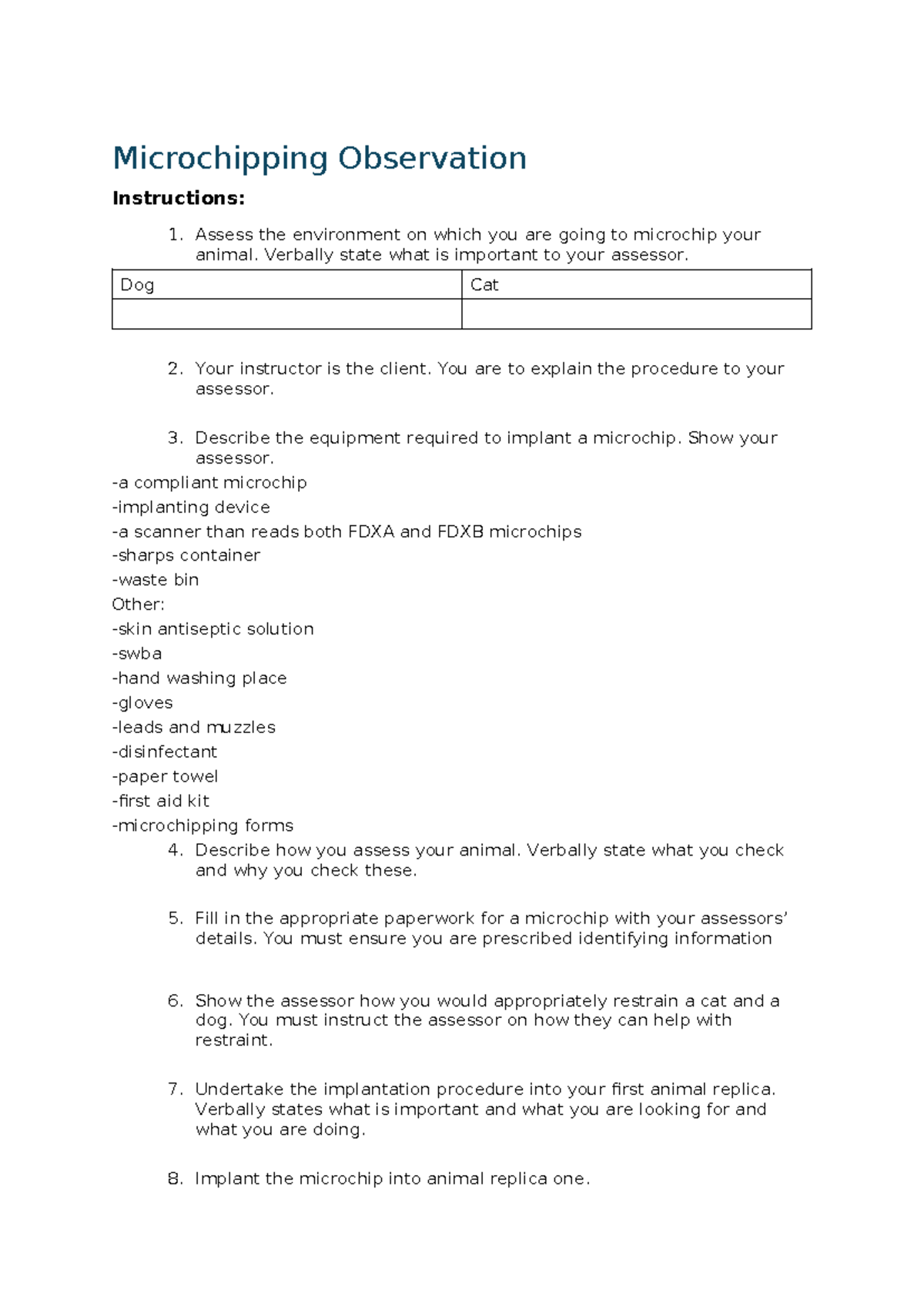 AT1 Microchipping Procedure - Observation Notes and Guidelines - Studocu